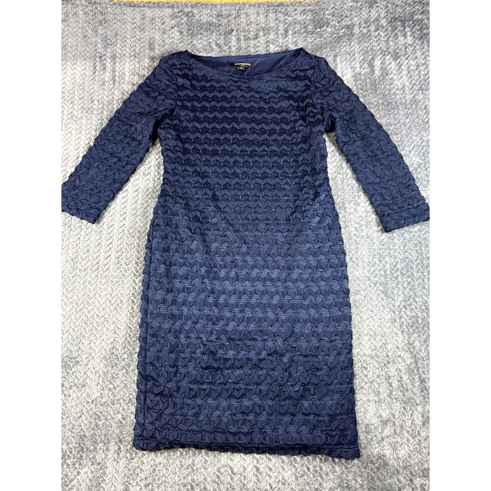 Sharagano Casual Dress Women 12 Deep Navy Blue Textured Stretch Lined 3/4 Sleeve